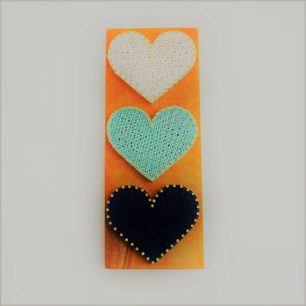 Blue Green White Valentine Three Hearts Nails Wooden Base String Art Picture