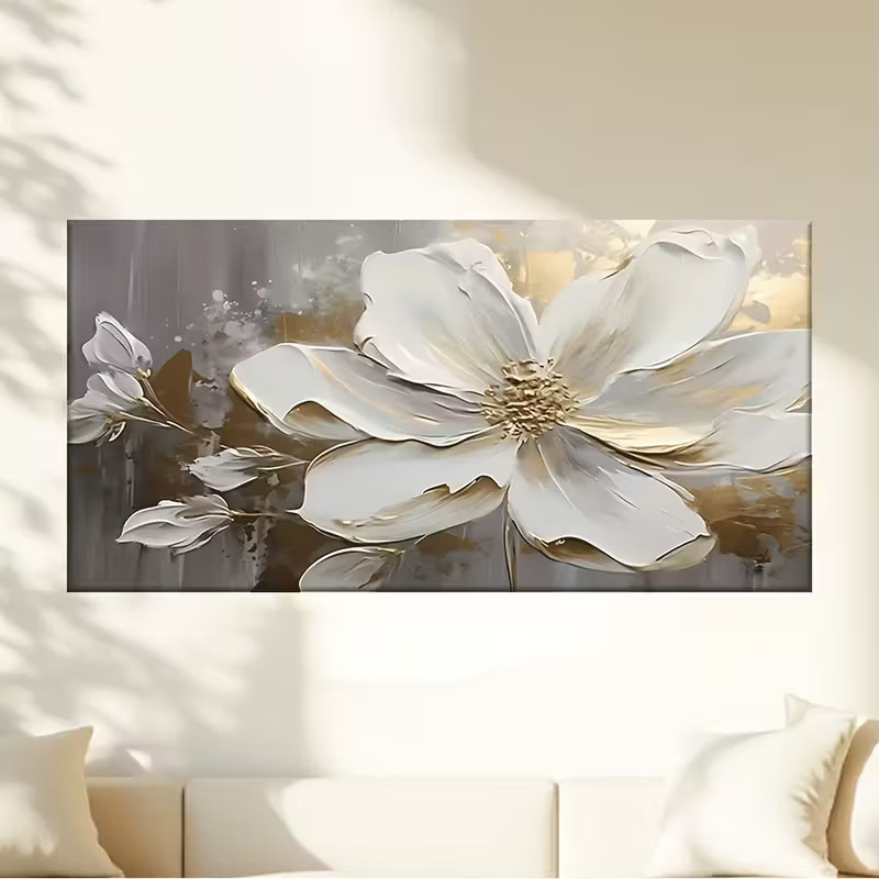 White Flower with Golden on Grey Background Unframed Canvas Painting for Living