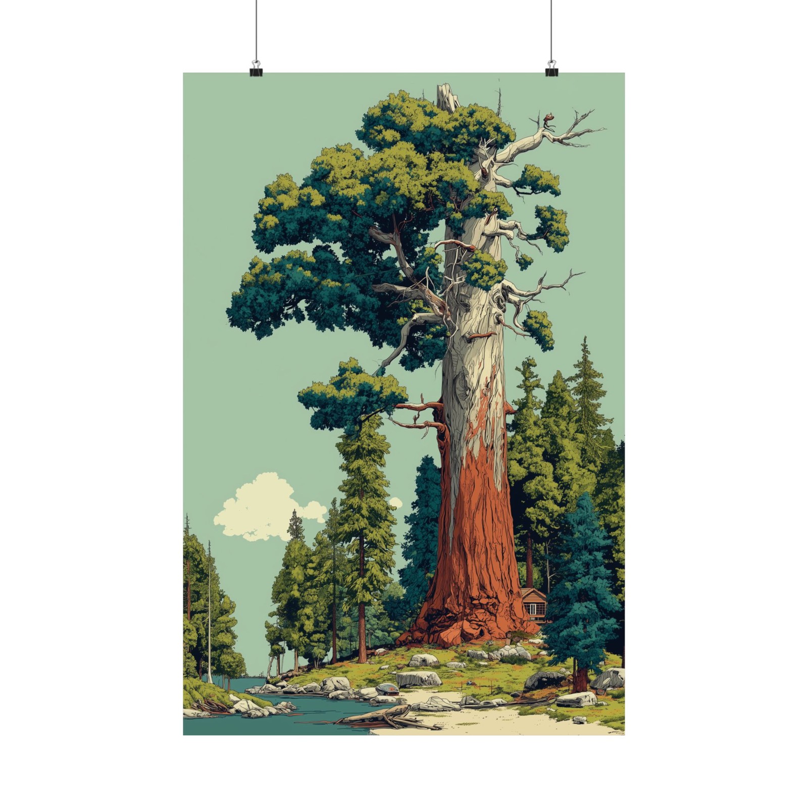 Giant Sequoia Tree Poster Retro Style Illustration Print Forest Landscape Anime