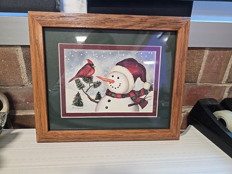 Laurie Korsgaden Art Print * Framed Signed Winter Friends * Snowman * Cardinal