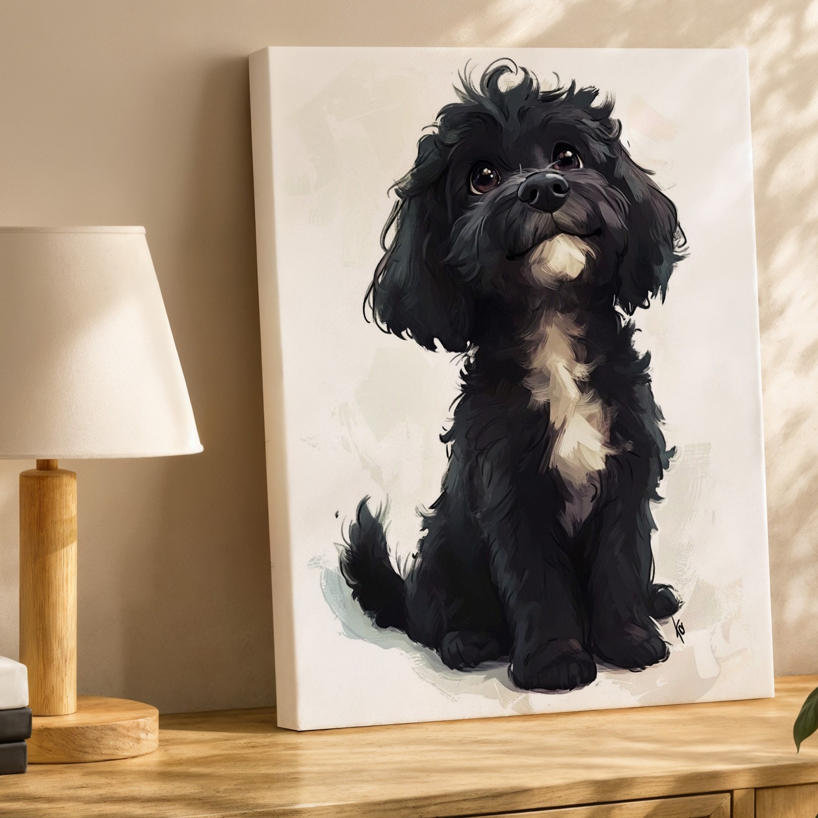 Adorable Black Puppy With White Chest Canvas Wall Art Pet Animal Decor Print