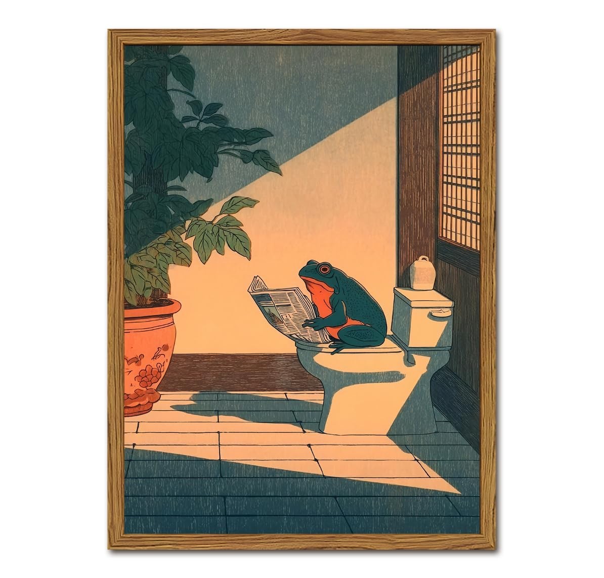 Funny Frog Bathroom Wall Art, Cute Japanese Frog in Wall Decor, Whimsical Gre…