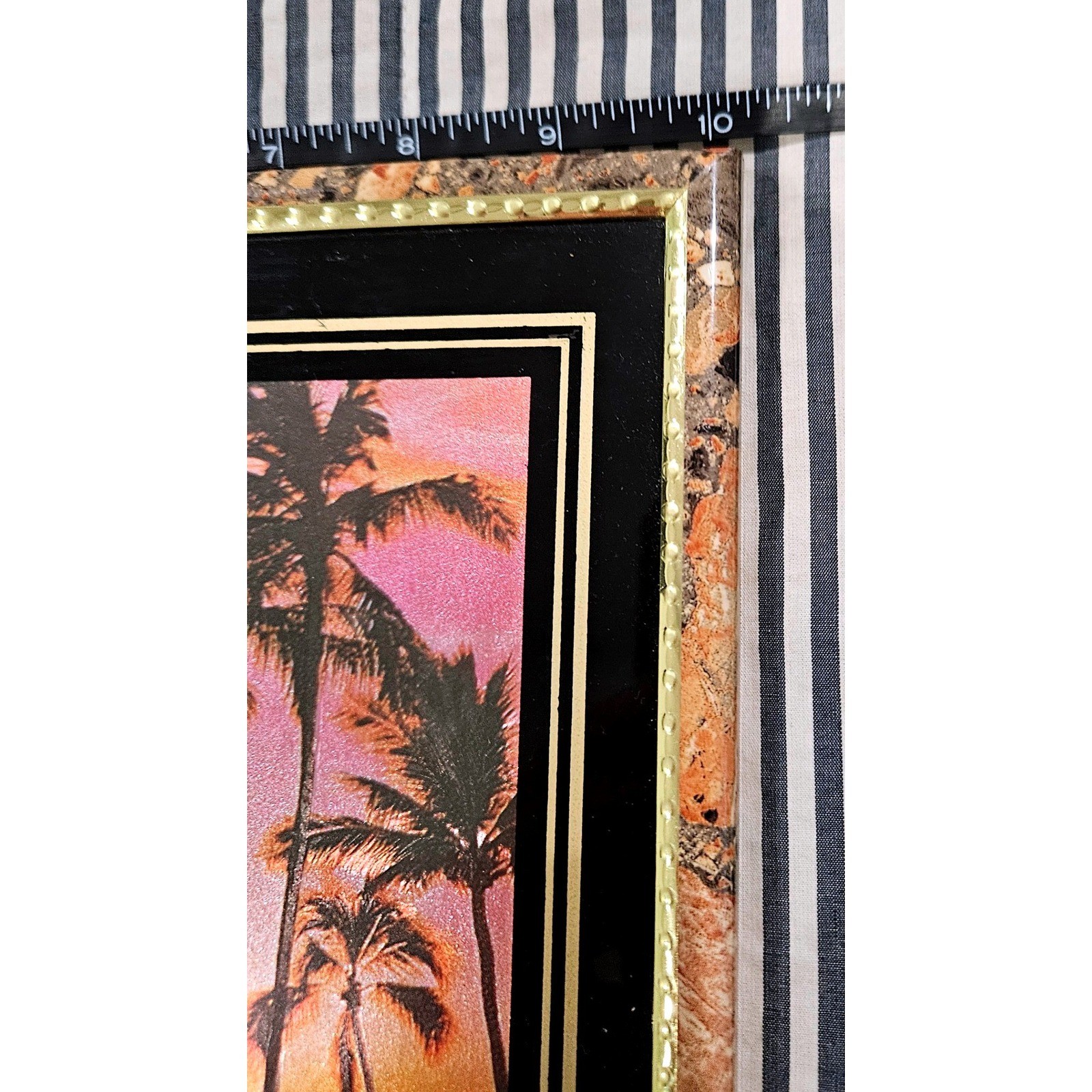 Vintage 80s Tropical Sunset Framed Art Palm Trees Couple Beach Pink Purple Large