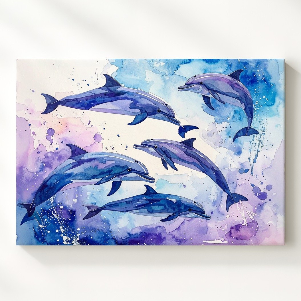 Pastel Dolphin Dance Canvasdelicate Watercolor Marine Illustration Wall Art