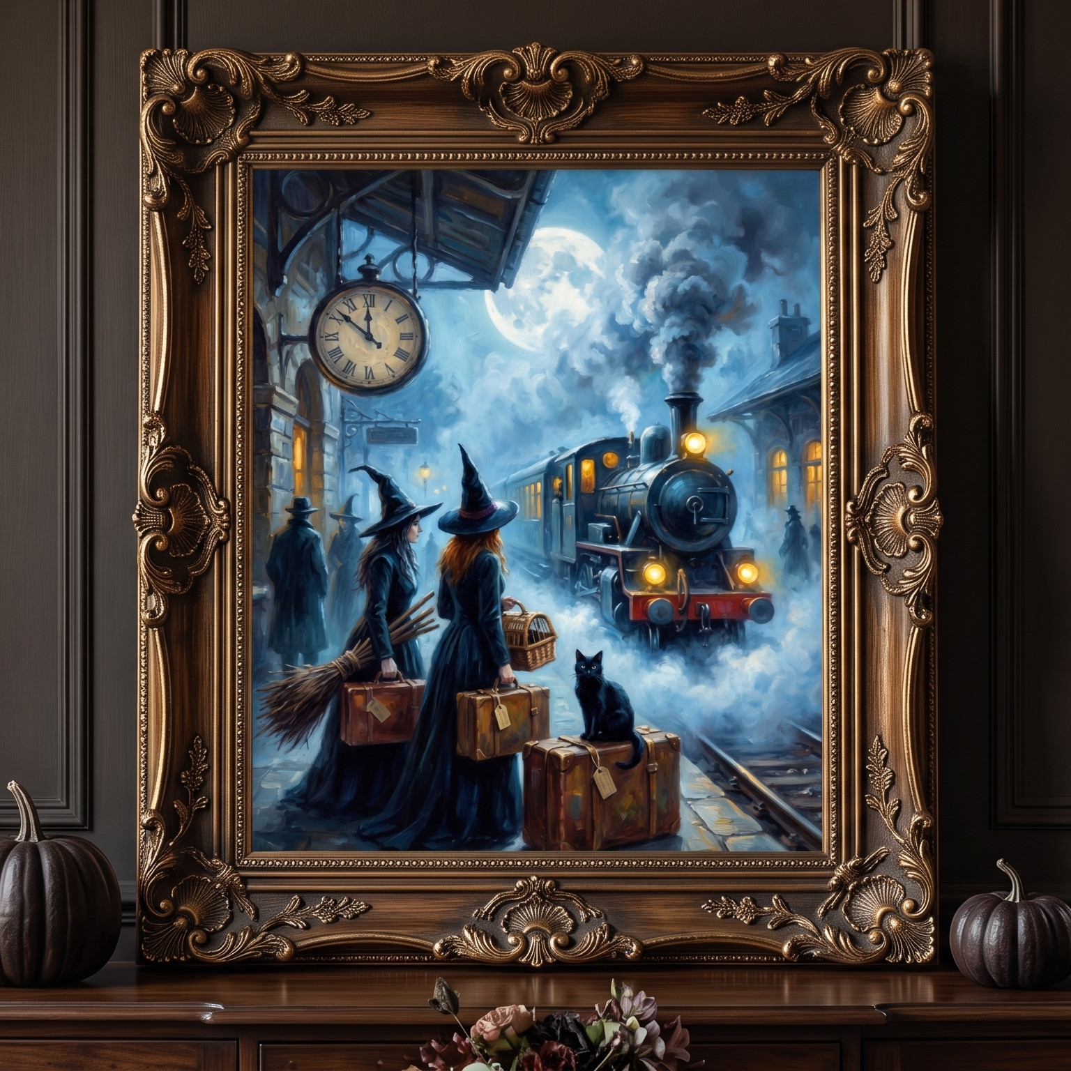Witch Train Station Poster Midnight Express Witches Black Cat Gothic Vintage Art