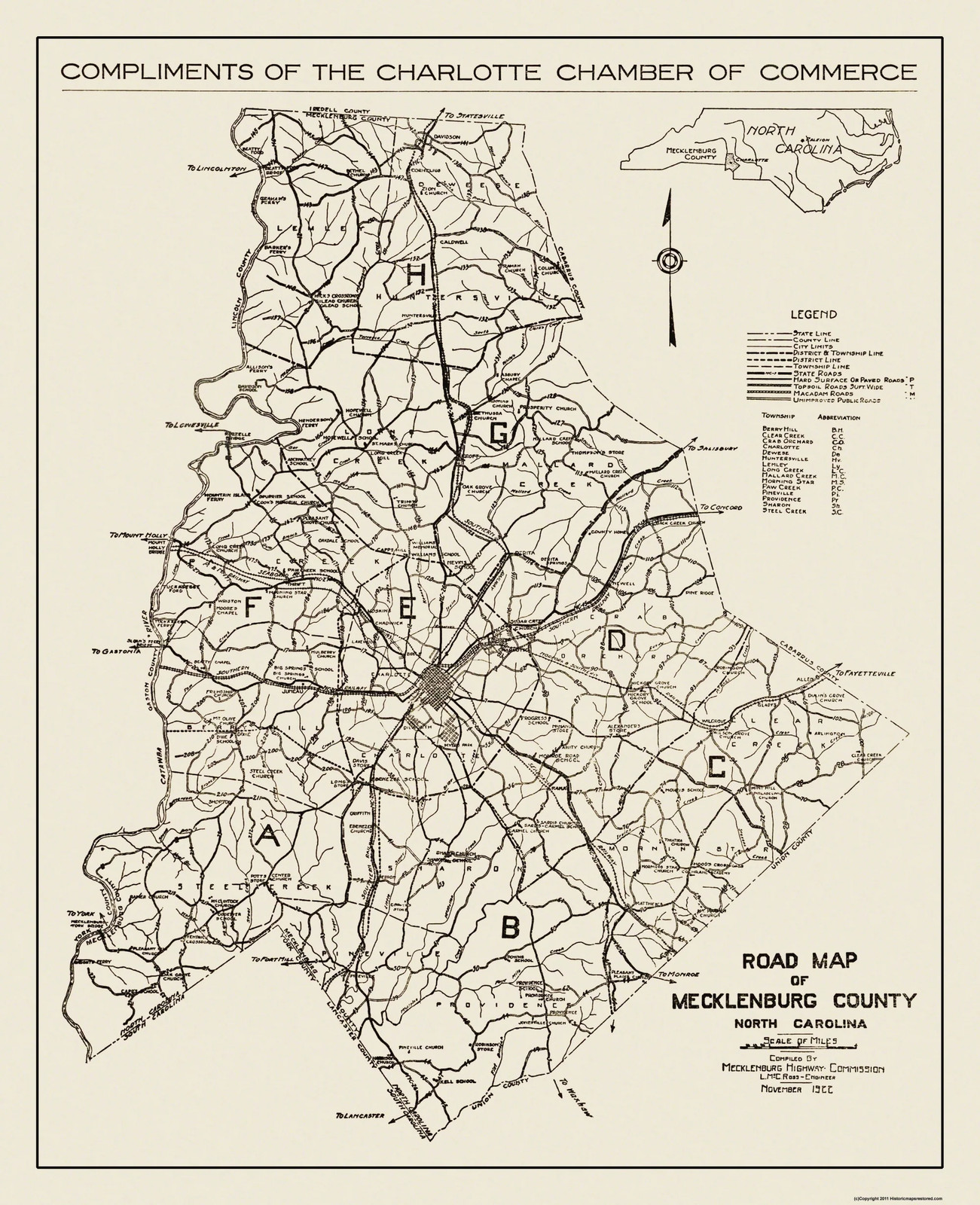 Historic County Map – Mecklenburg County North Carolina – Ross 1922 – Vintage