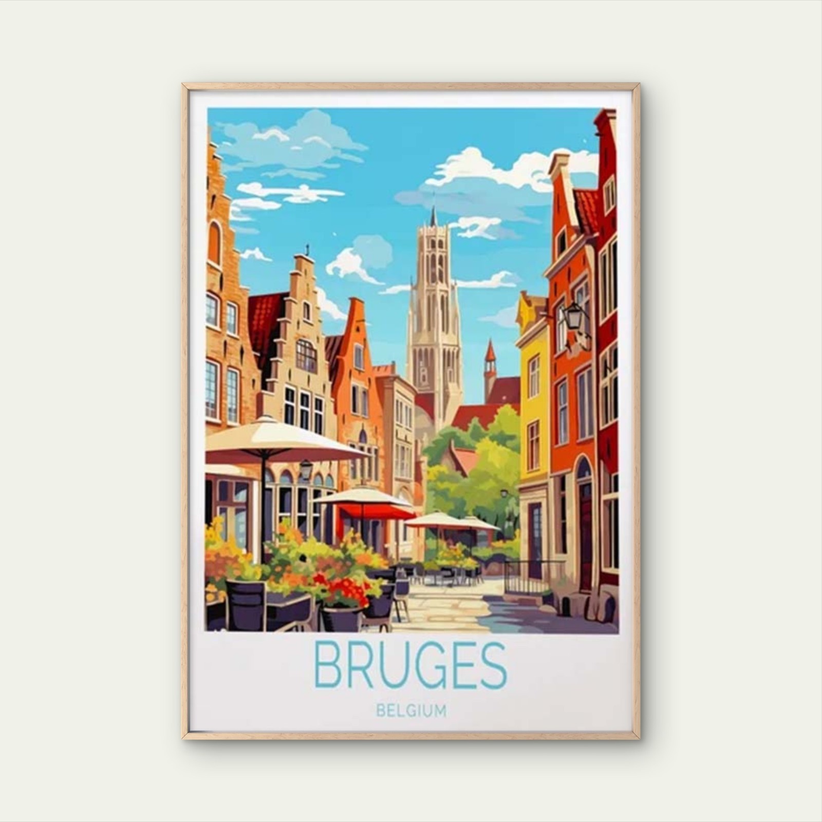 Bruges Belgium, Budlings & Steet Flowers Travel Poster Choose Your Size