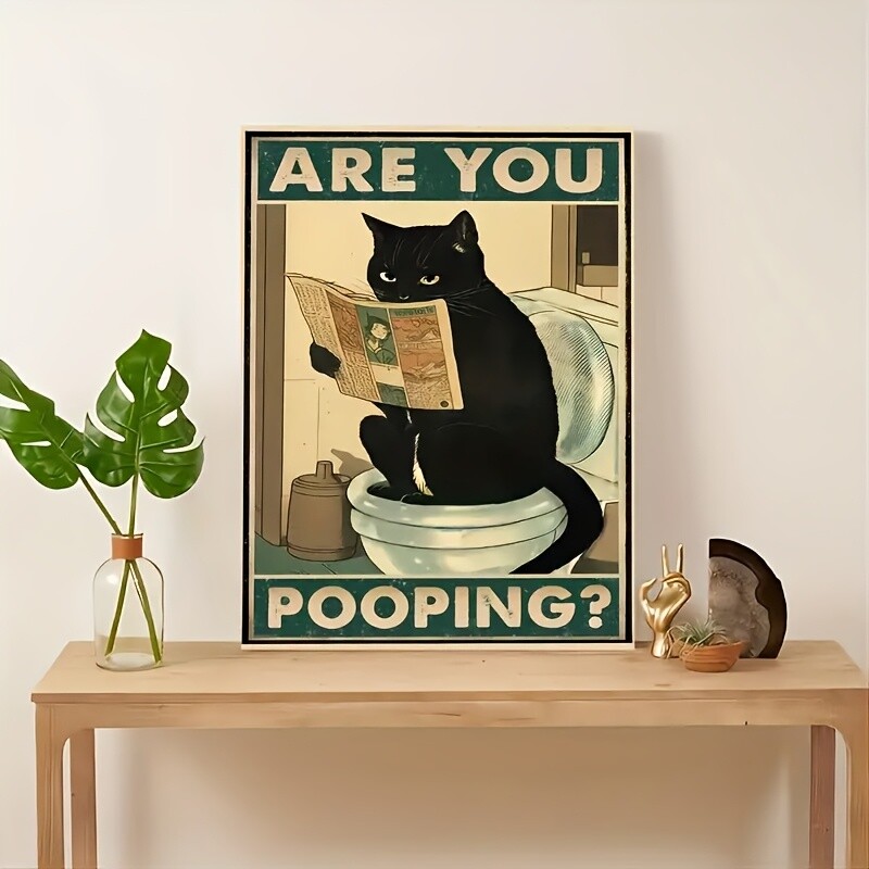 Charming Black Cat Reading Newspaper with Toilet Frame Canvas Wall Art Frameless