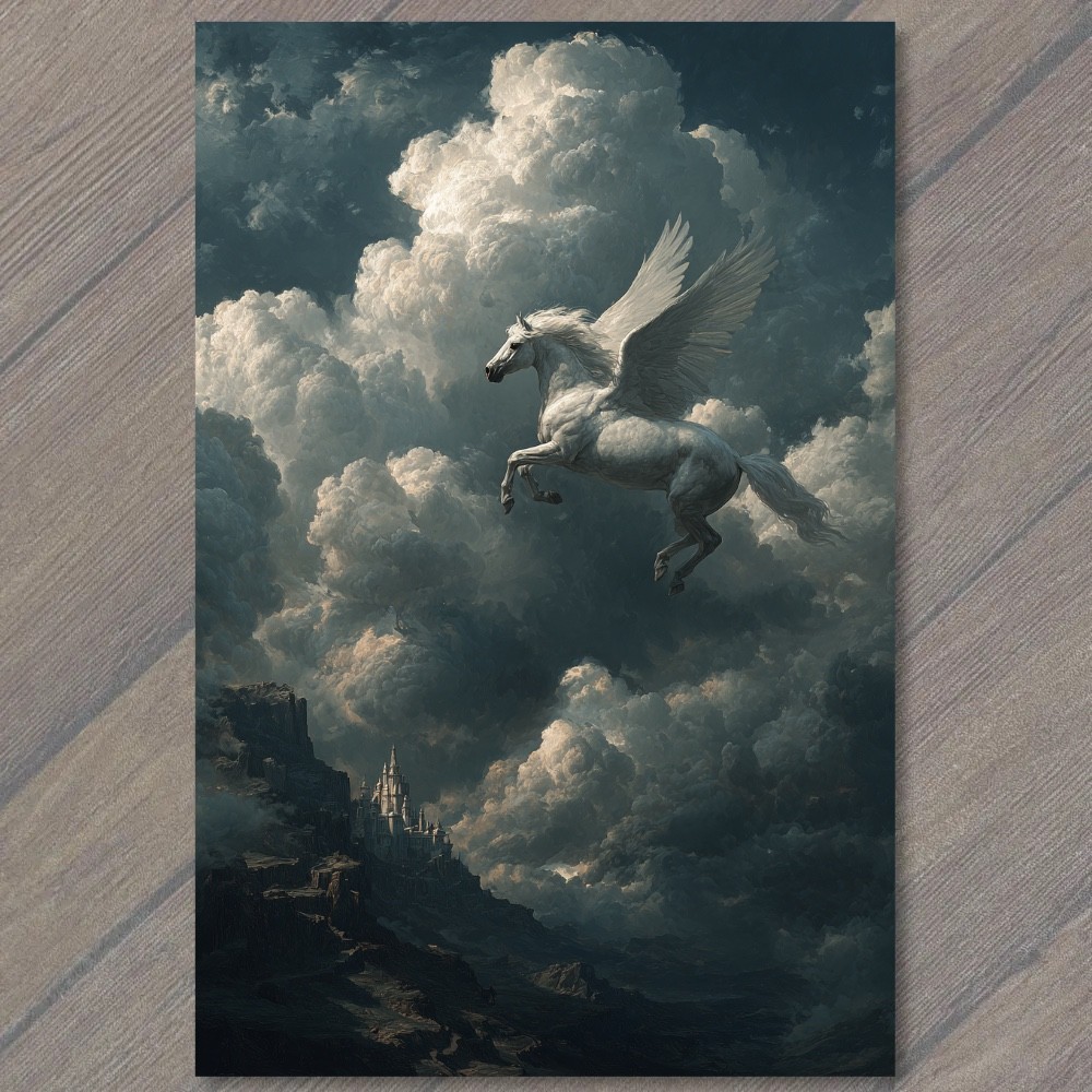 Art Print White Pegasus Flying Storm Clouds Fantasy Castle Sky Kingdom Mystic