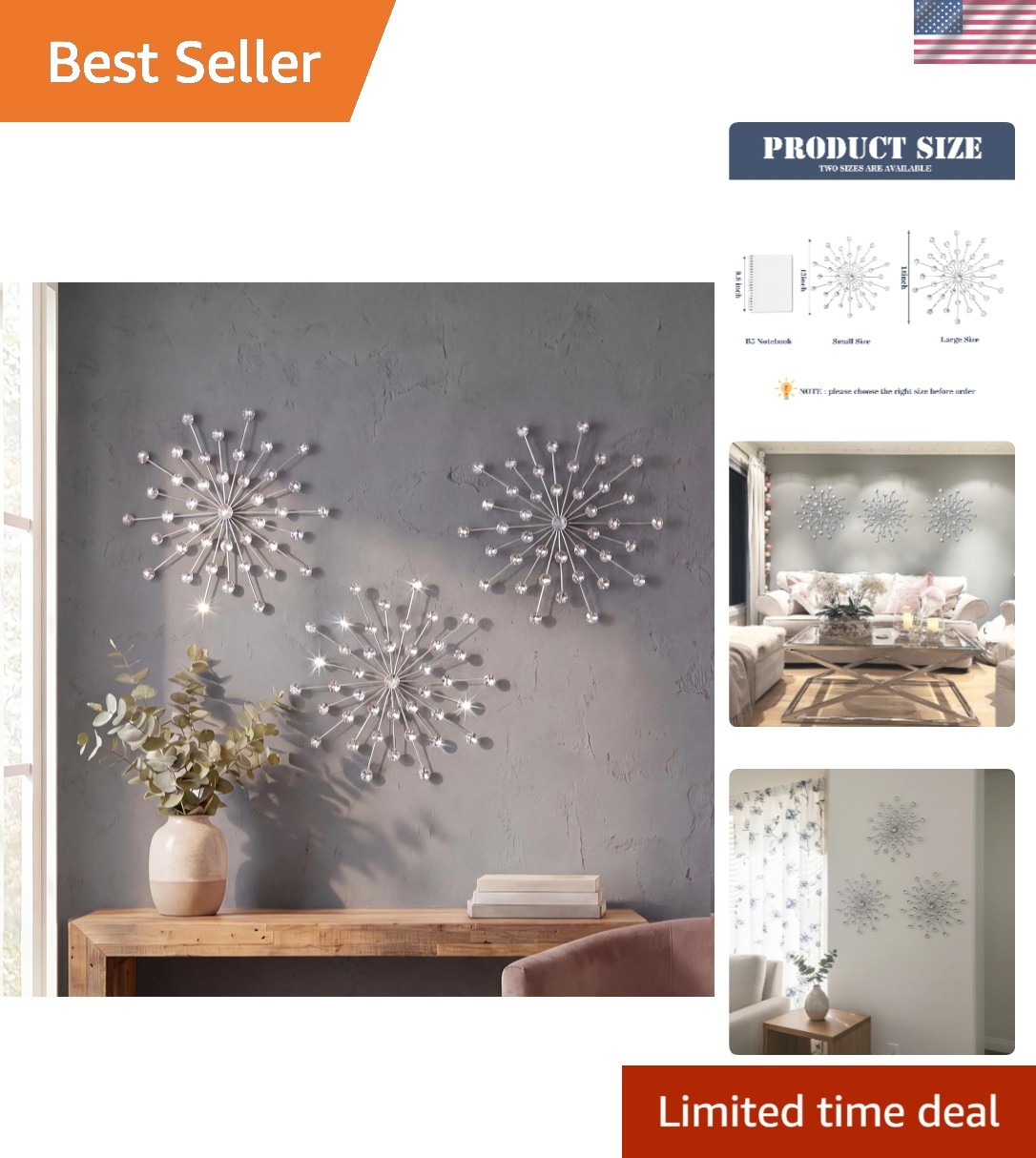 Lightweight 3 Set Silver Starburst Wall Art – Stunning 13in Home Accent