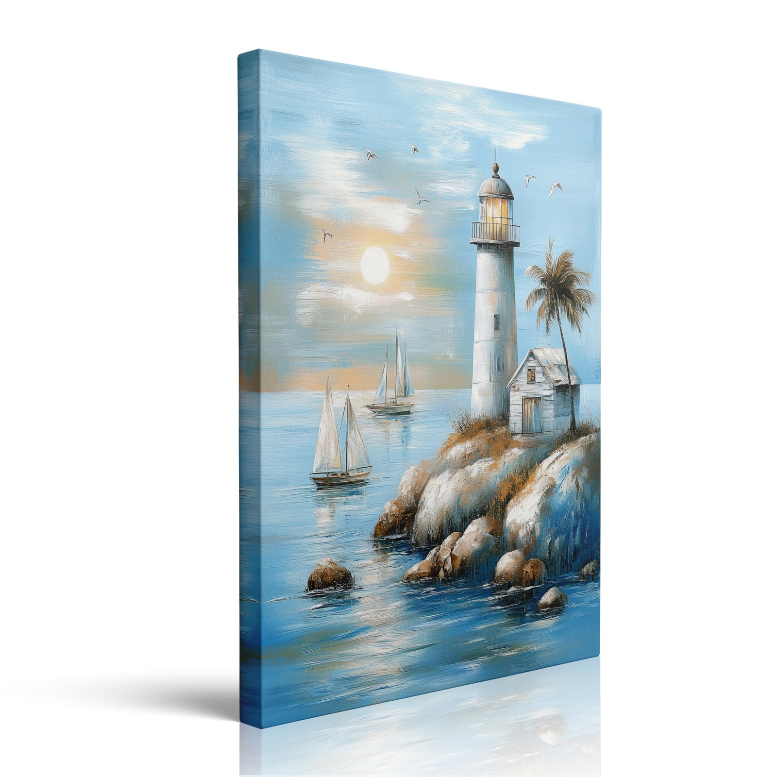 Lighthouse Sailboats Palm Tree Coastal Beach Sunset Canvas Wall Art Framed Vi…