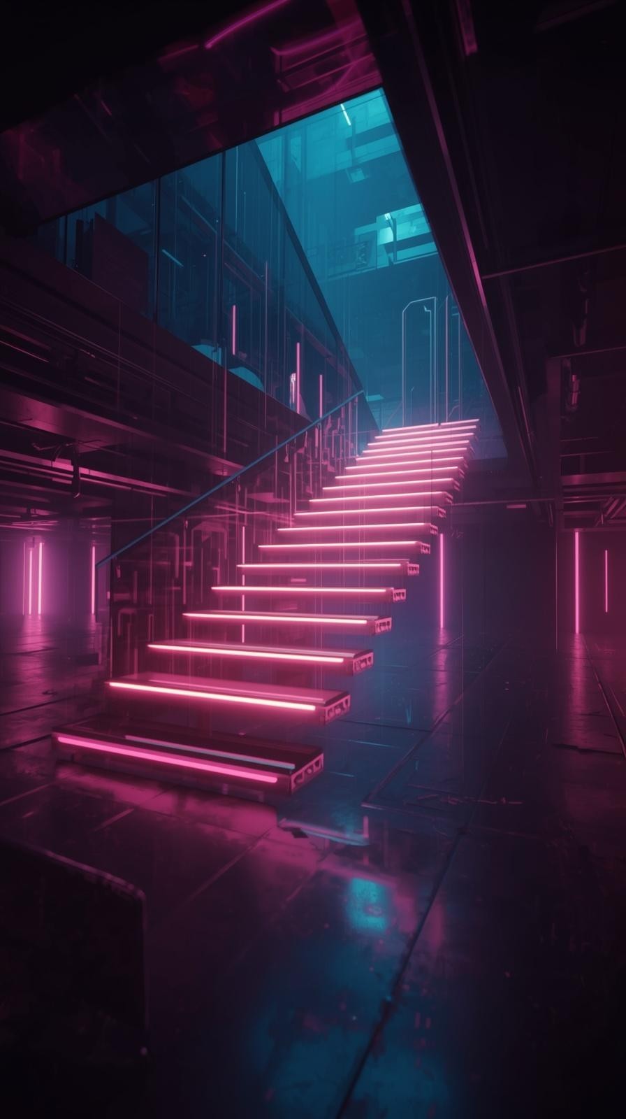 Neon Staircase Surreal Glow Aesthetic Phone Wallpaper 4K Futuristic HD