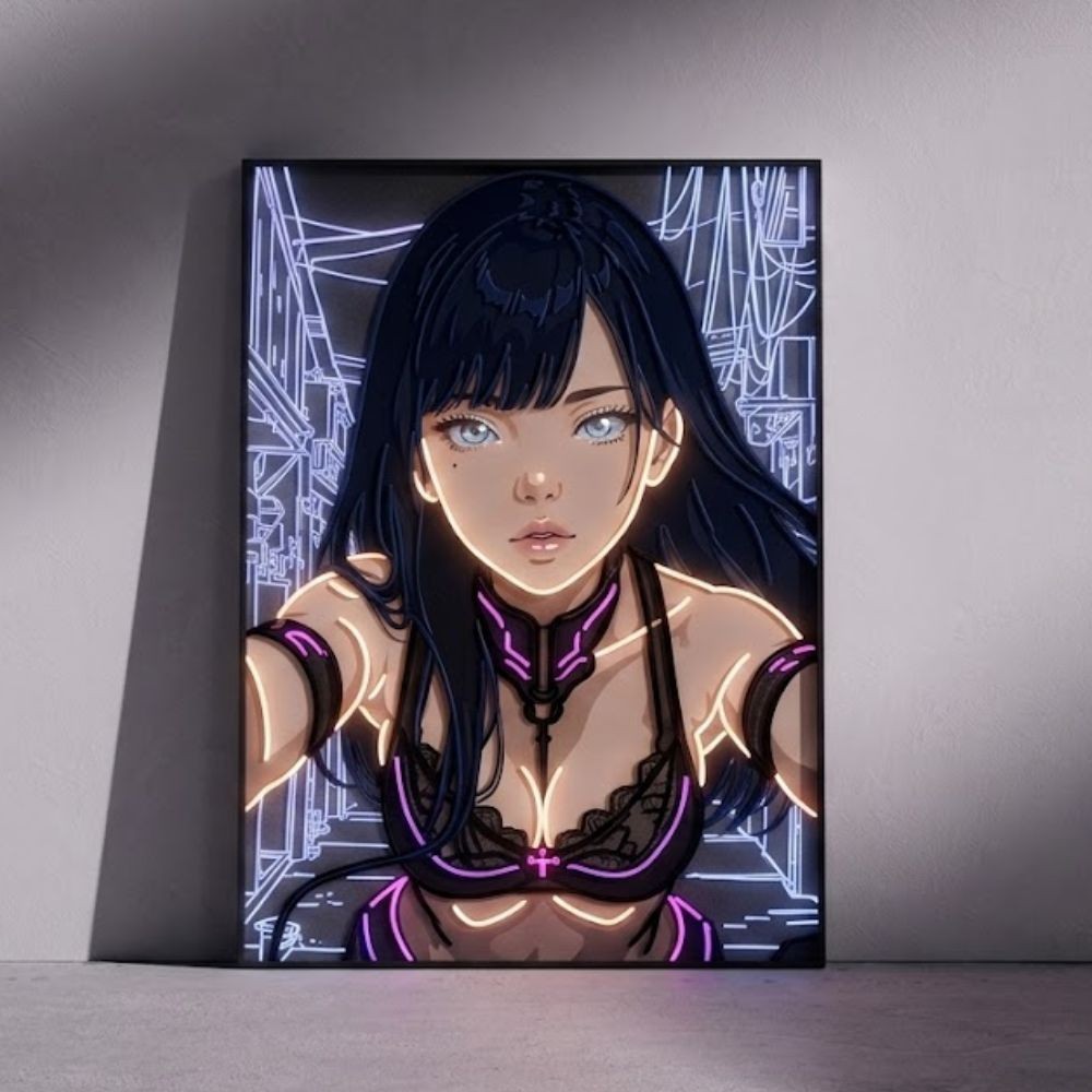 Cyberpunk Anime Girl Poster, Monochrome Waifu Art, Urban Street Wall Decor