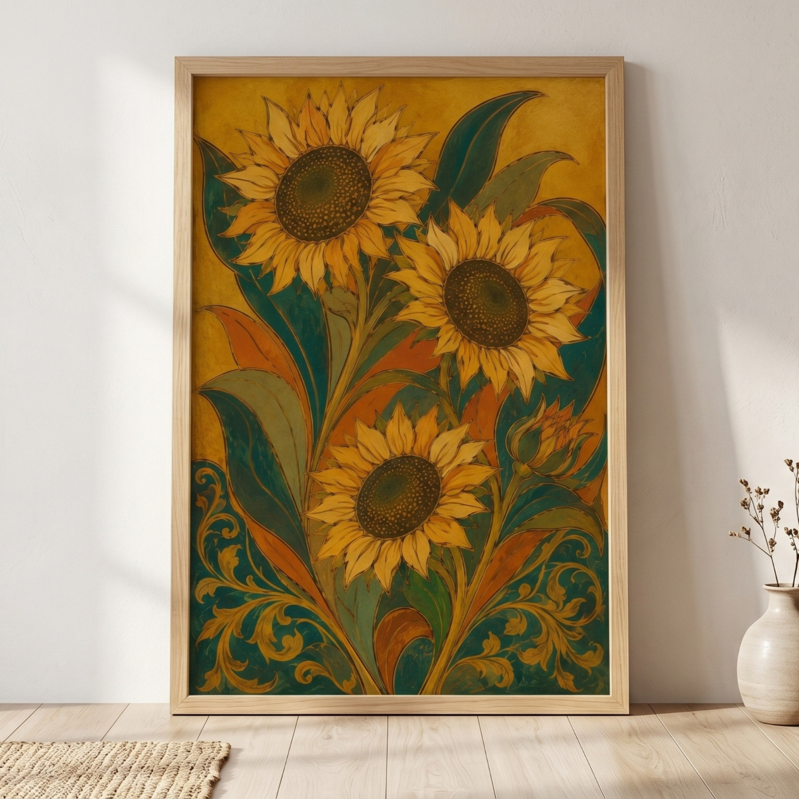 Vintage Sunflower Nouveau Poster Art Gold Floral Botanical Wall Art Decor Print