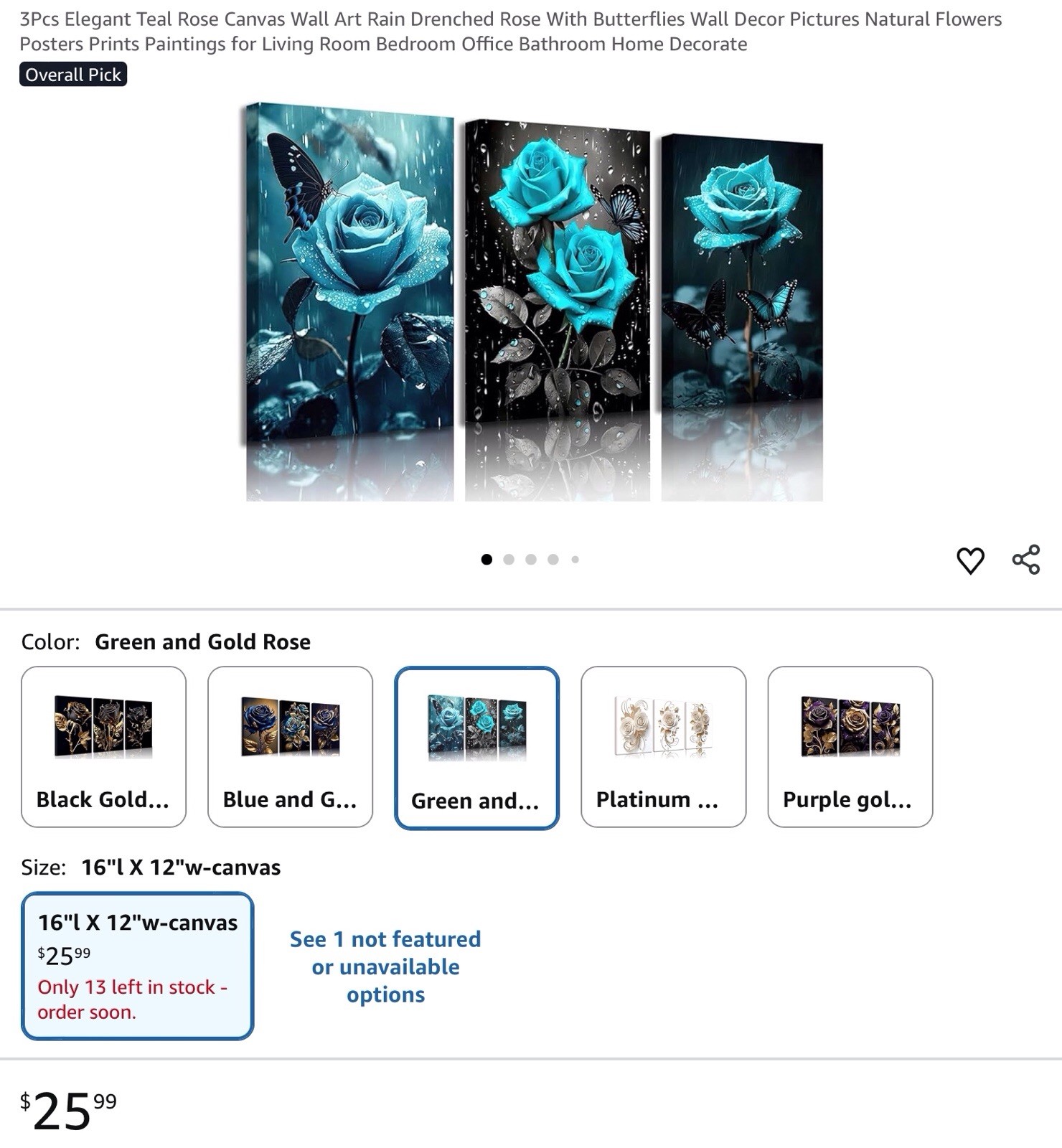 3-Panel Teal & Black Rose Butterflies Vertical Canvas Print Set 16″ x 12″
