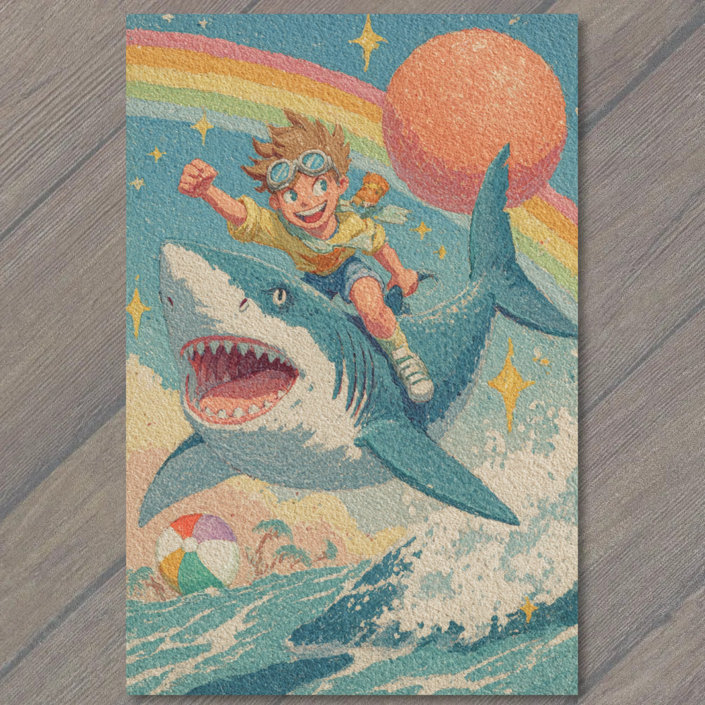 Art Print Kid Riding Shark Rainbow Waves Beach Adventure Summer Fun Fantasy Art