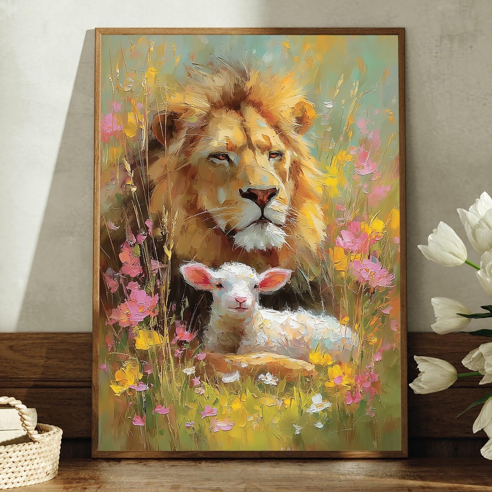 Lion and Lamb Christian Canvas Wall Art Biblical Peace Symbol Decor