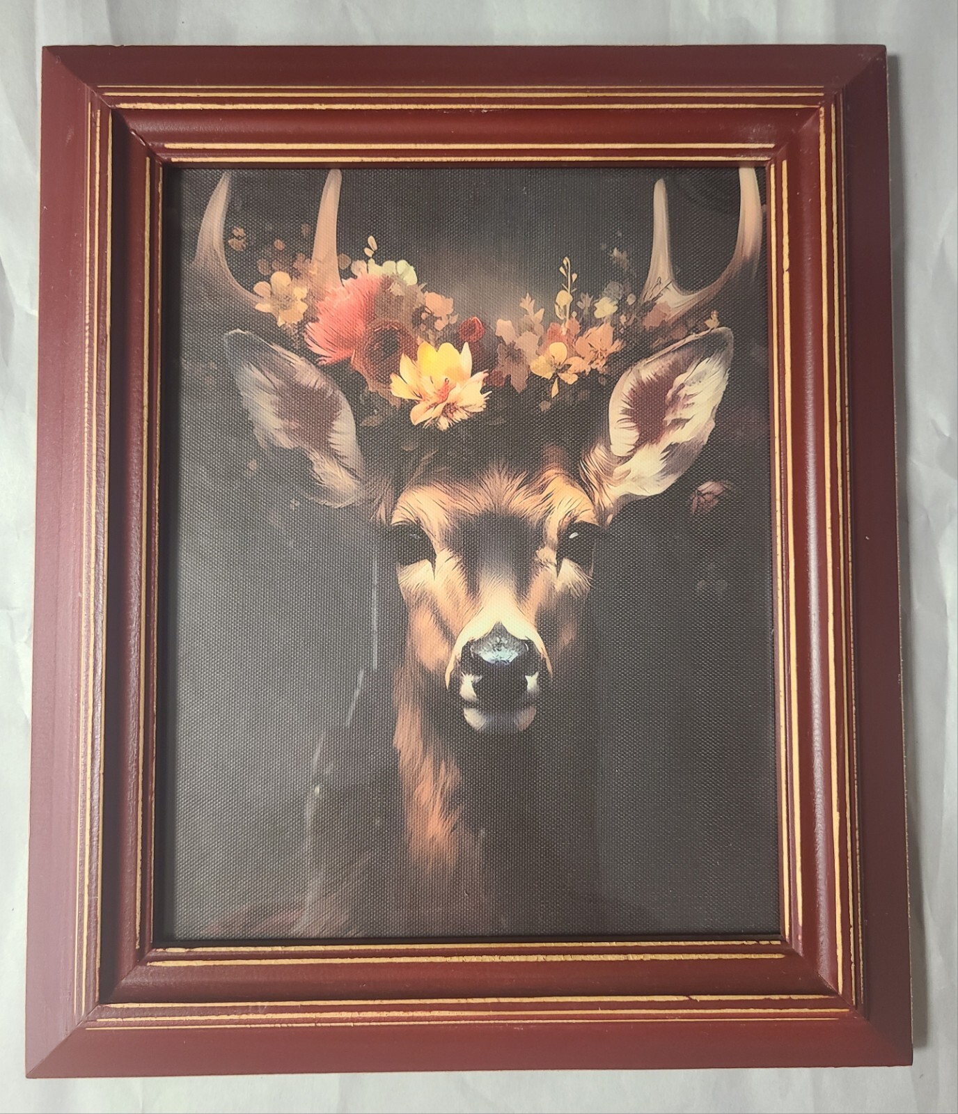 Wood Frame 8″x10″ w/Floral Crowned Deer Print On Canvas Artwork Country Core