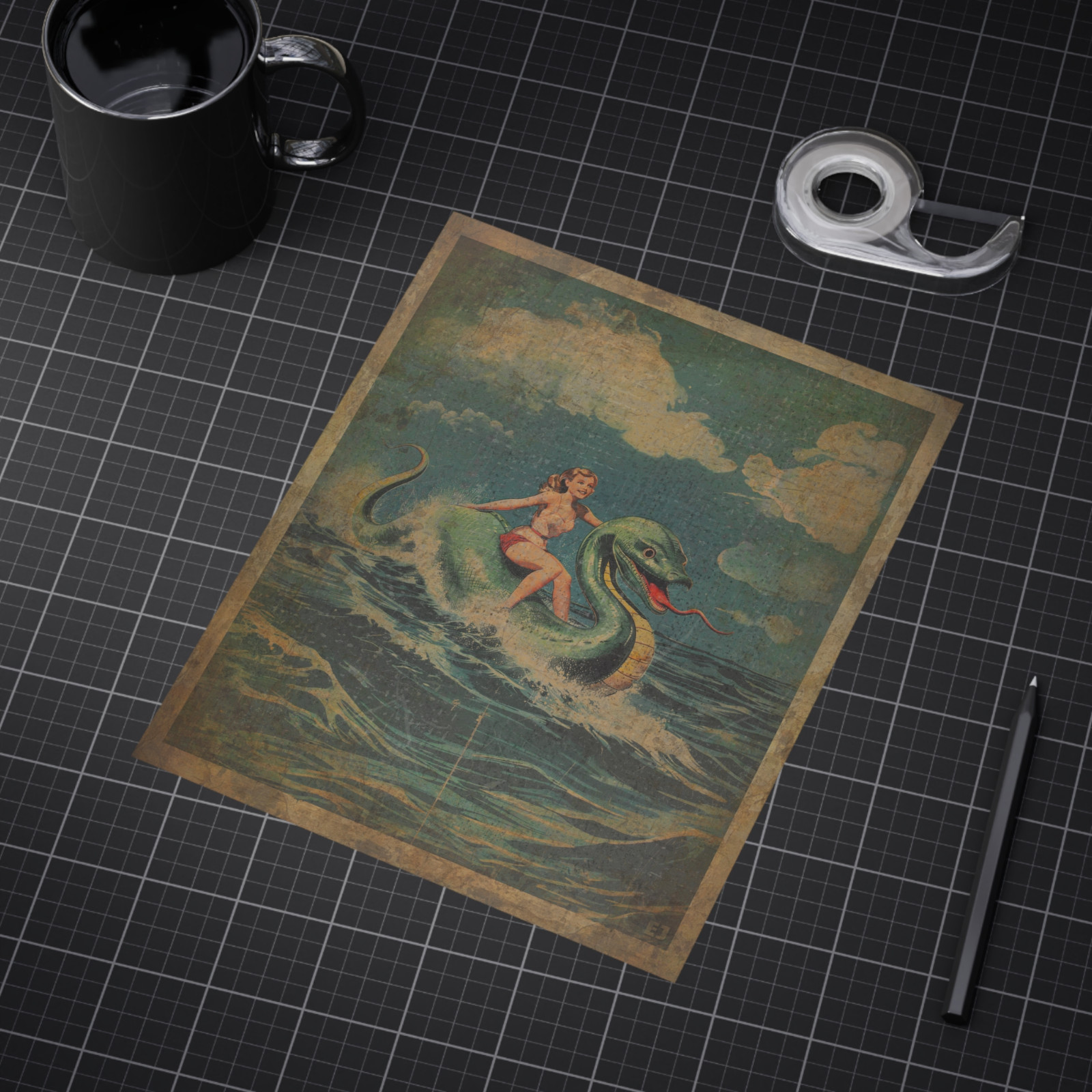 LOCH NESS MONSTER Art, Vintage Girl Riding Nessie Poster, Retro Cryptid Ocean