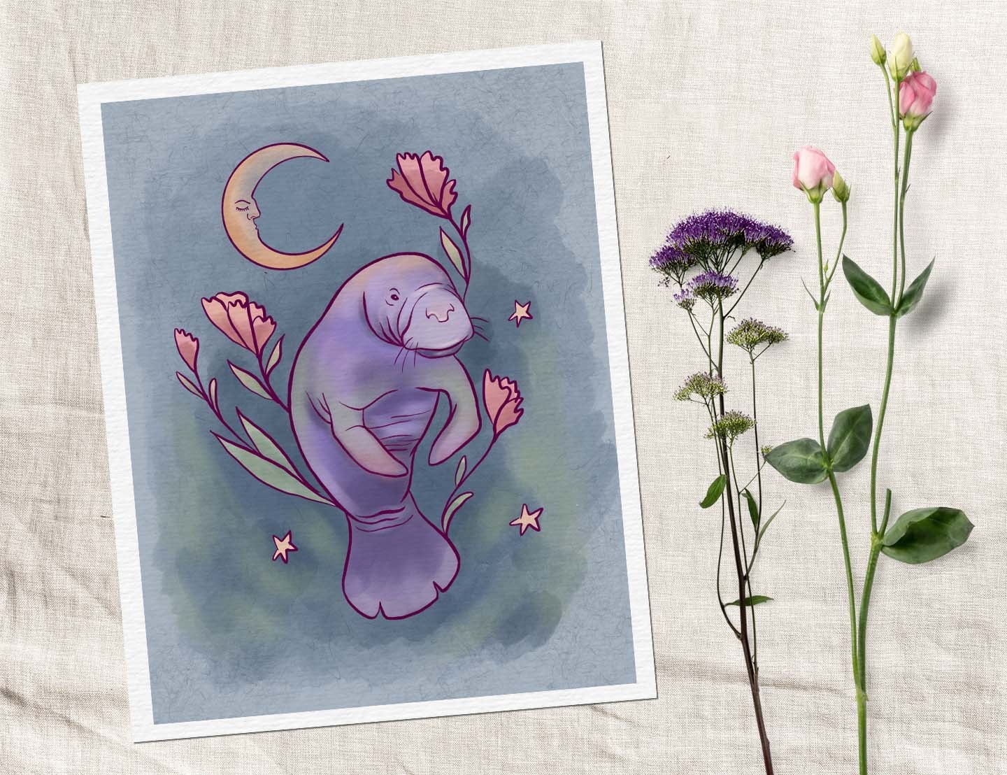 Moon Manatee Wall Art, Celestial Ocean Animal Illustration, Cottagecore Art