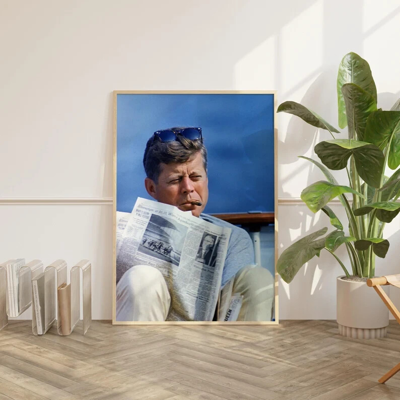 John F. Kennedy Smoking a Cigar, US President Poster, Man Cave Print, JFK Photo