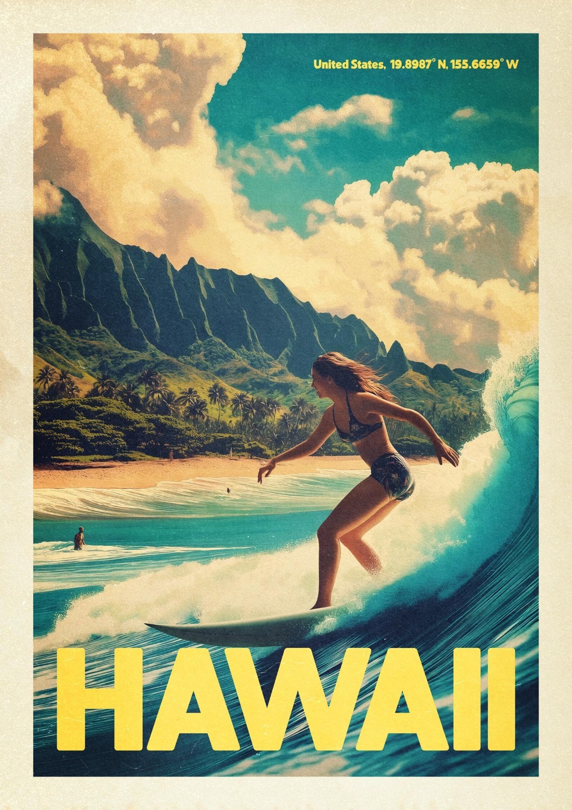Hawaii Vintage Travel Poster Print Retro Surfing Beach Wall Art Tropical Ocean
