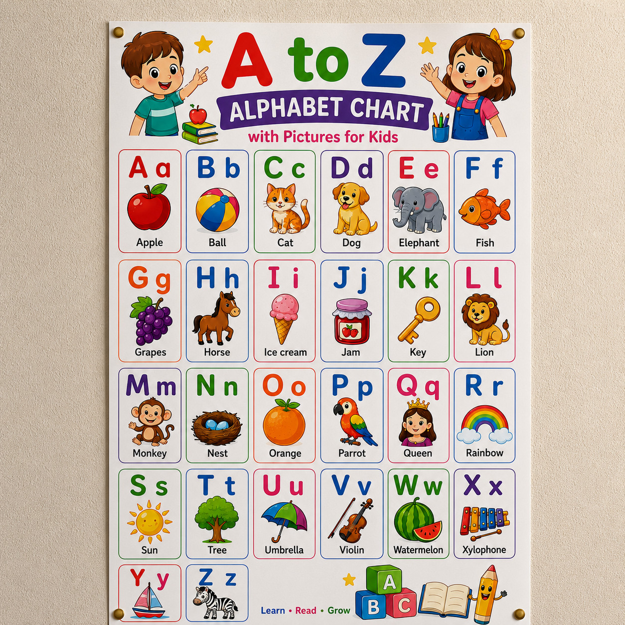 A to Z Alphabet Chart Poster Kids Learning Nursery Wall Decor | Multiple Sizes