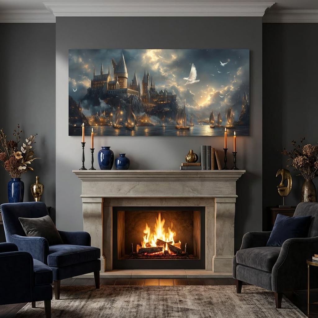 Magical Castle Harbor Wall Art Canvas Painting Prints Glowing Sails Doves Art…