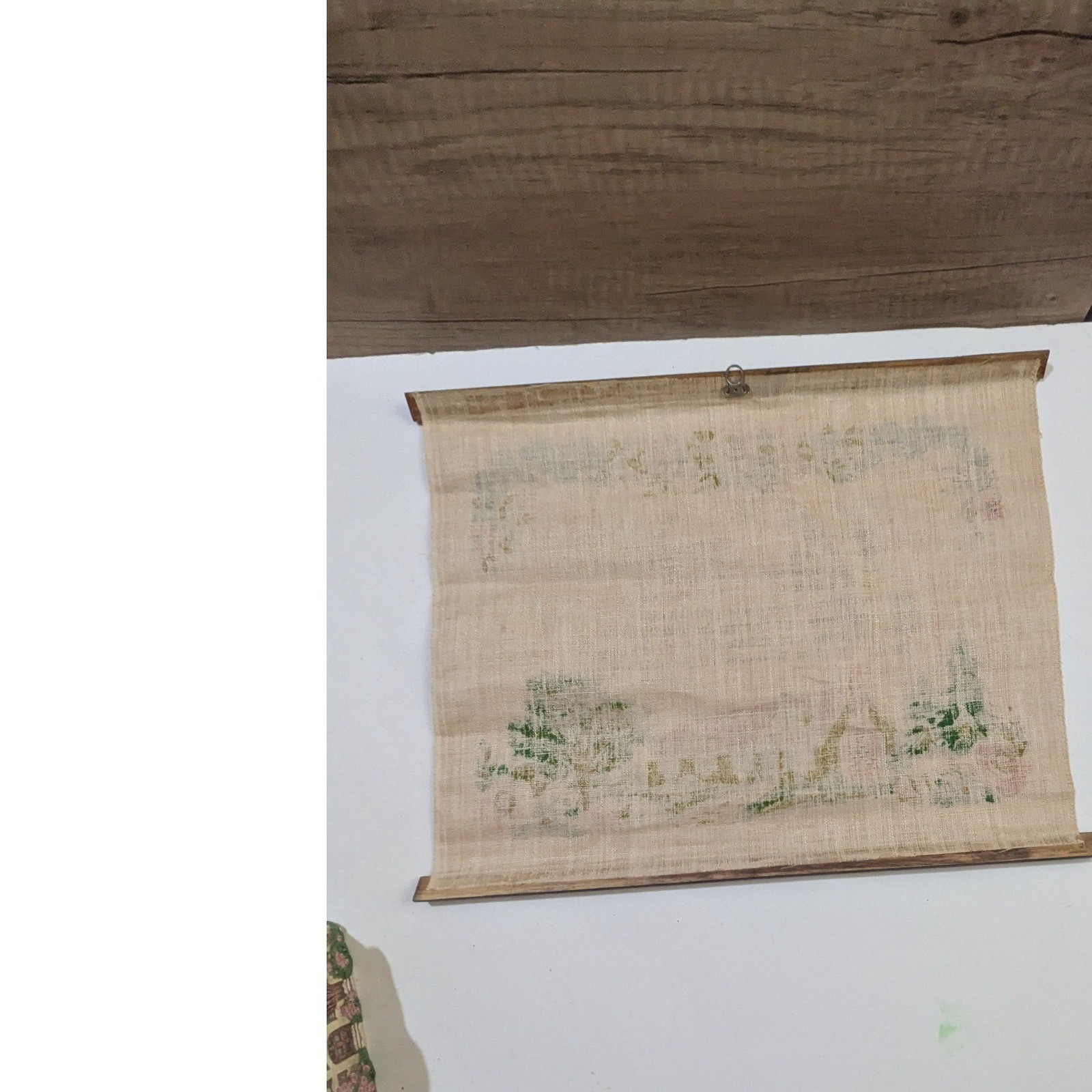 Vintage A Happy Home Recipe Linen Wall Hanging Wood Dowels Country Cottage Art
