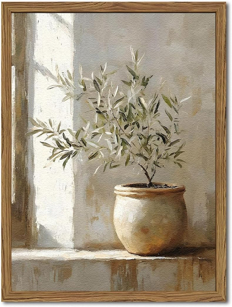 Framed Vintage Olive Tree Wall Art, Textured Sandstone Botanical Pictures Wall D