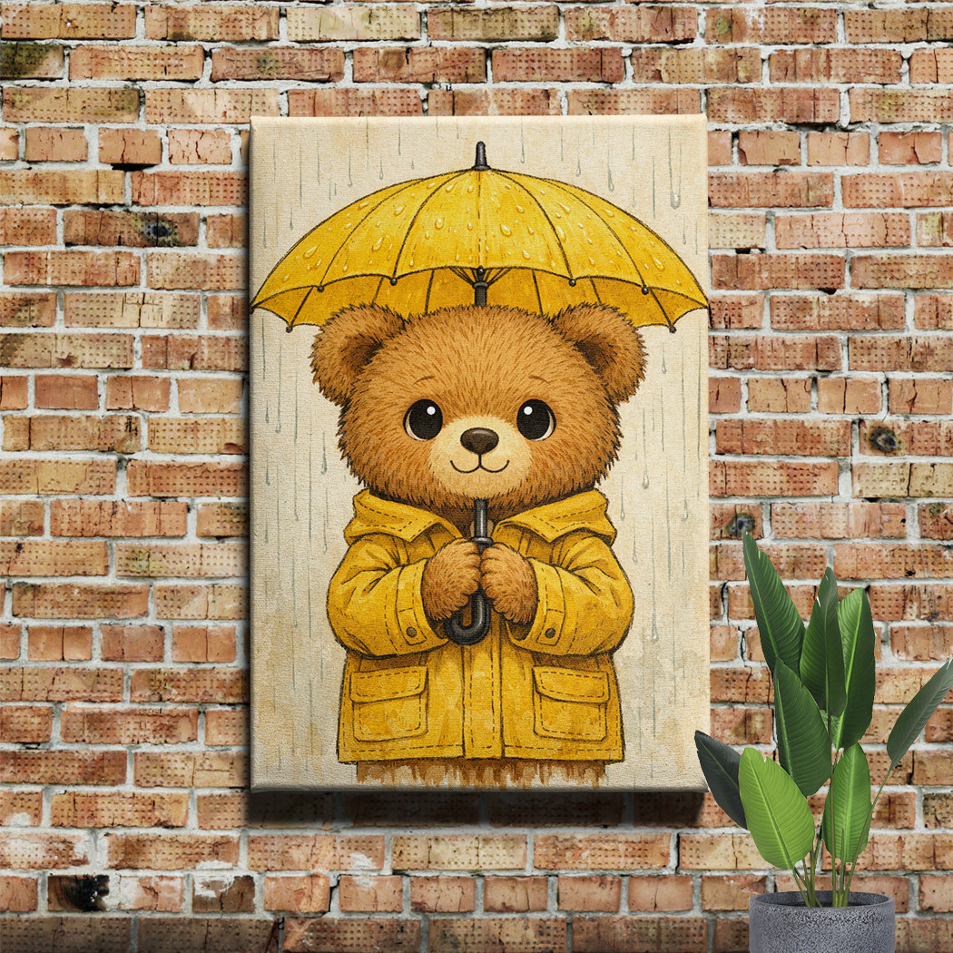 12×16 Nursery Bear with Yellow Umbrella Canvas Print Kids Room Rainy Day Art