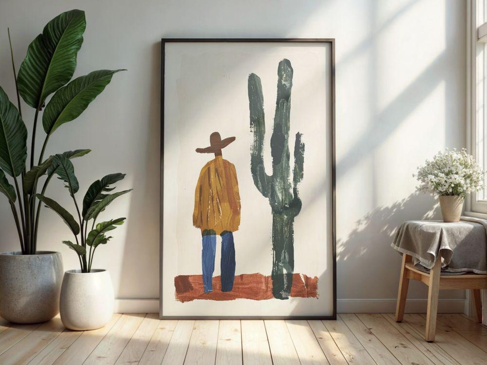 Western Cowboy Wall Art Print, Minimal Desert Cactus Boho Decor