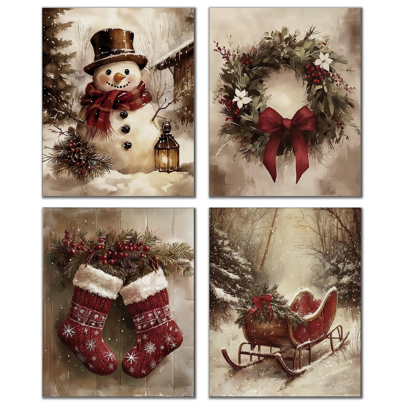 DOFQZ Vintage Christmas Wall Art Prints Set of 4, Rustic Red 8*10, 12Child