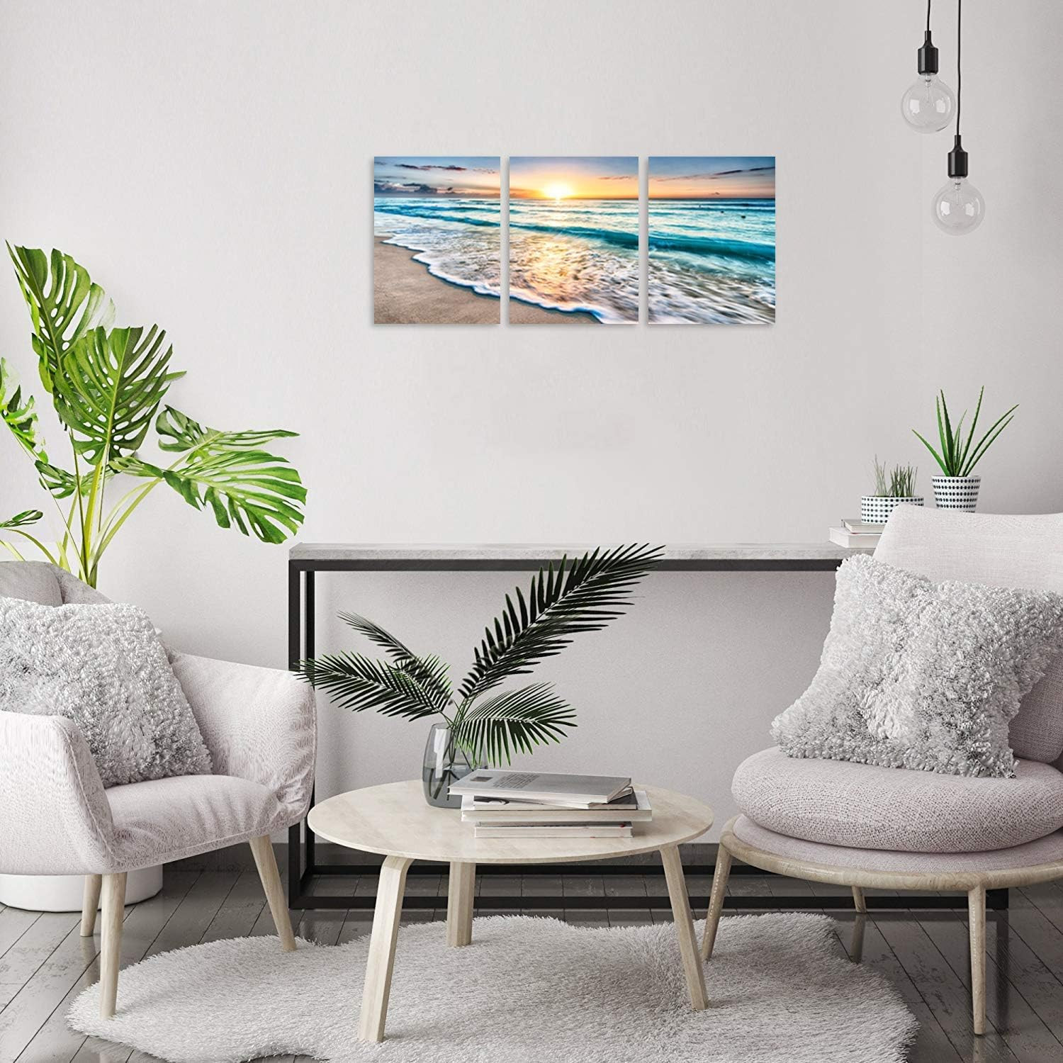 3 Pcs Beach Canvas Wall Art for Home Decor Blue Sea Sunset White Beach Painting