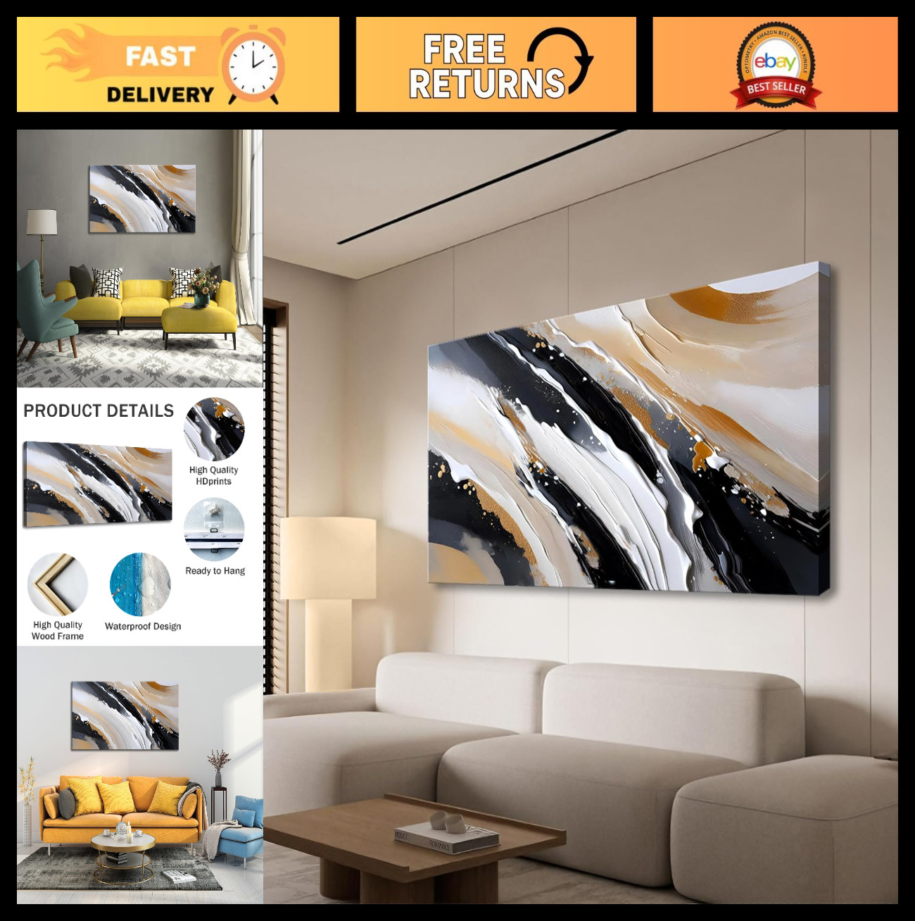 Abstract Canvas Wall Art – Modern Brown & Black Decor for Living Room, Bedroom,