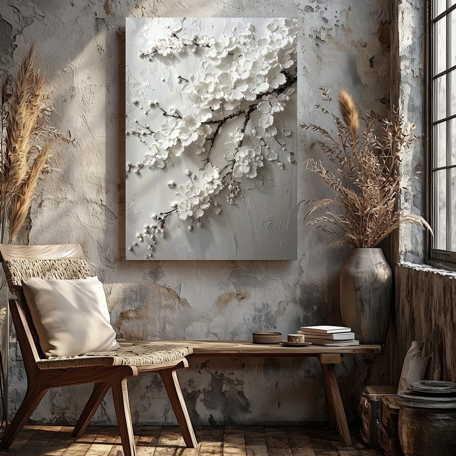 Canvas Wall Art a Delicate White on White Textured Artwork Features a Blossoming