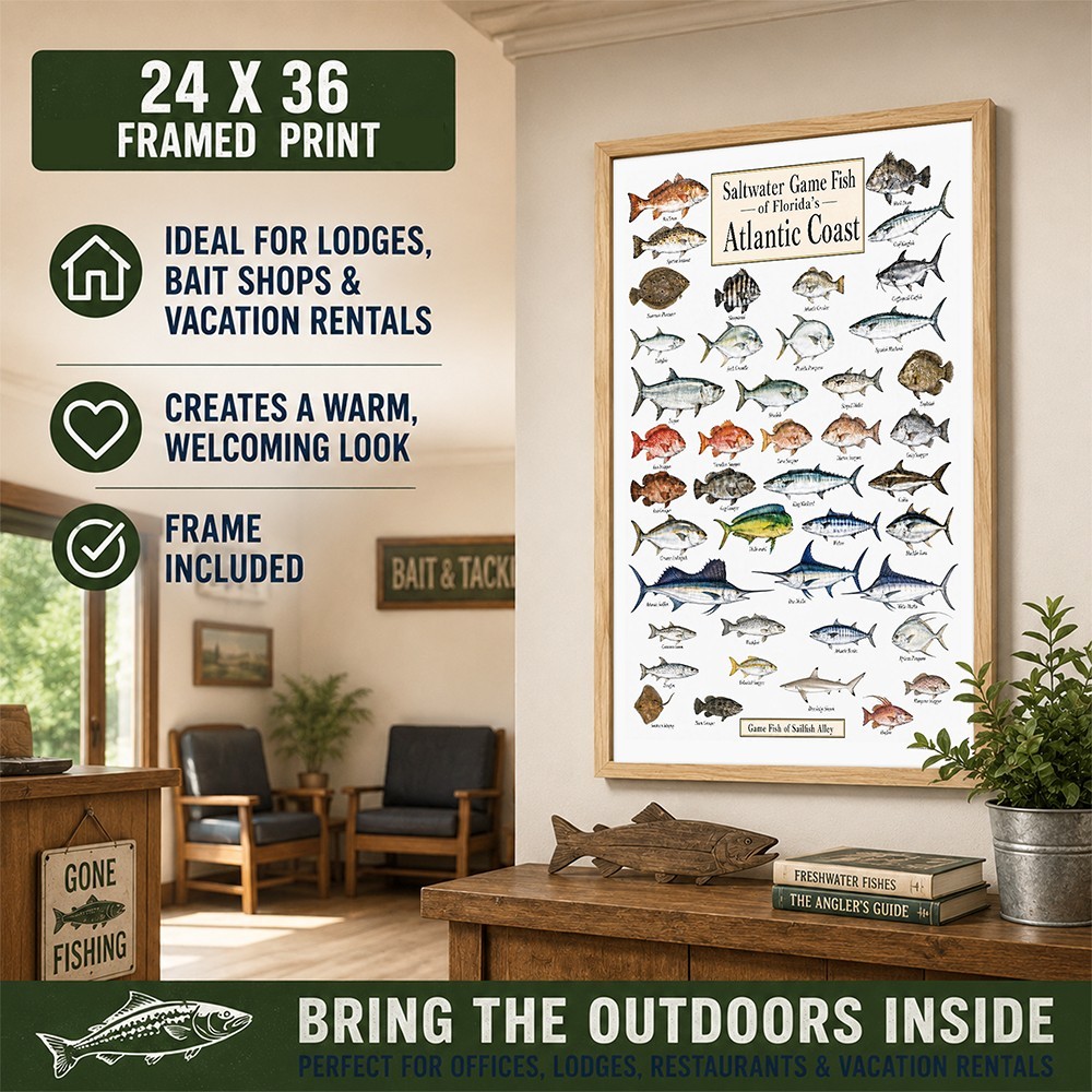 Florida Atlantic Coast Fish Framed Poster 24×36 – Saltwater Fishing Chart