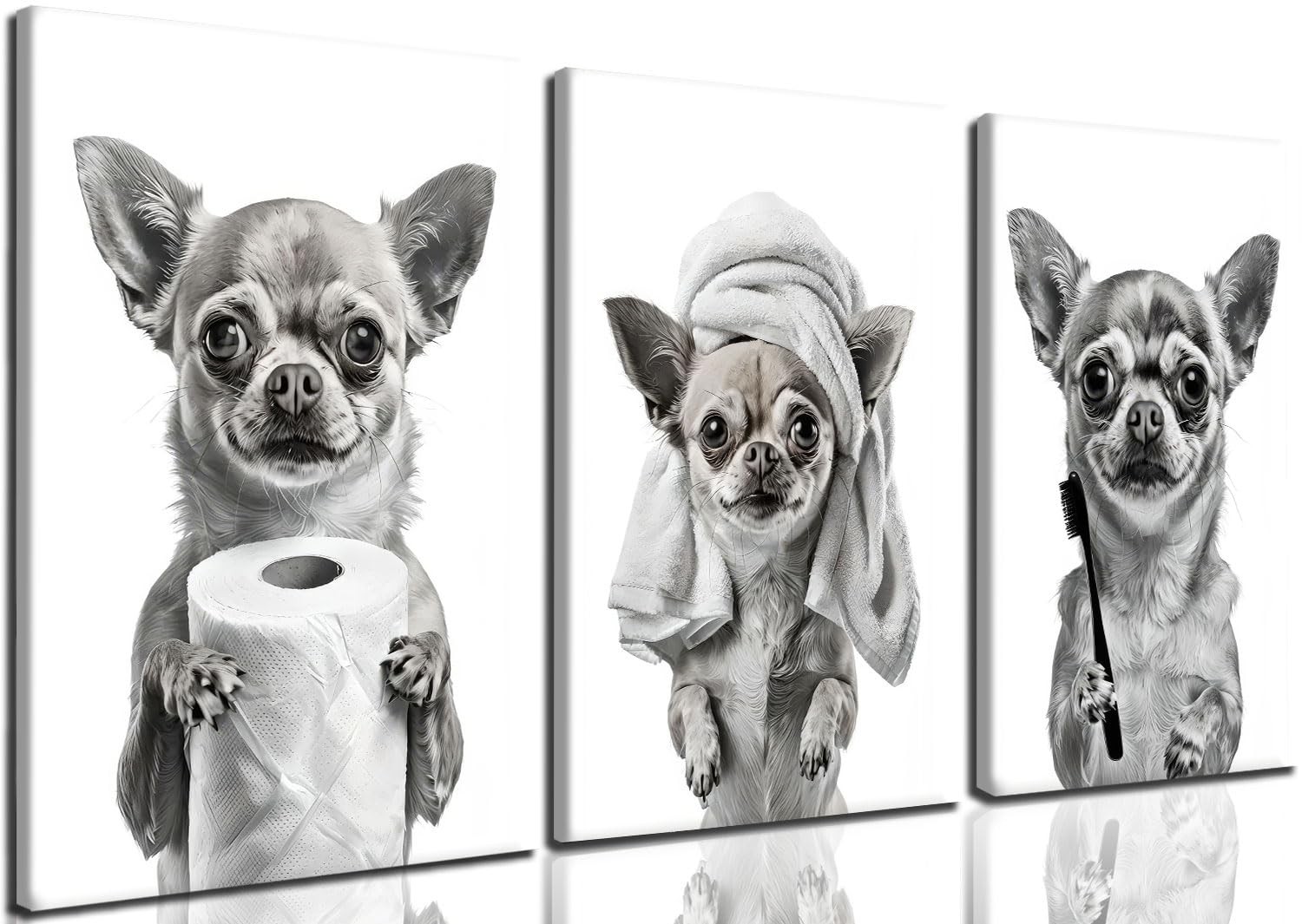 3 Pcs Funny Chihuahua Bathroom Canvas Wall Art Black and White Dog Poster Pri…