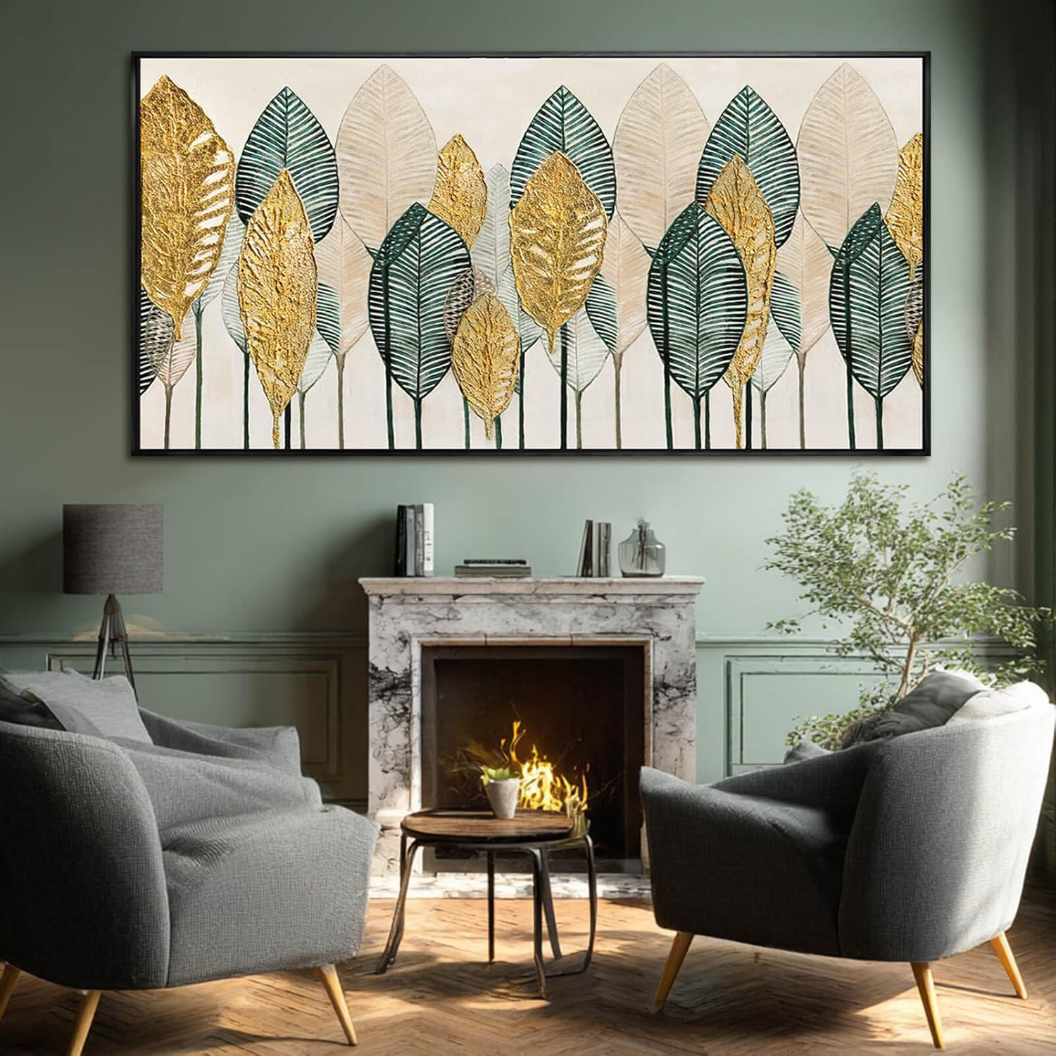 Elegant Green and Gold Leaf Framed Wall Art for Living Room or Kitchen 29″x58