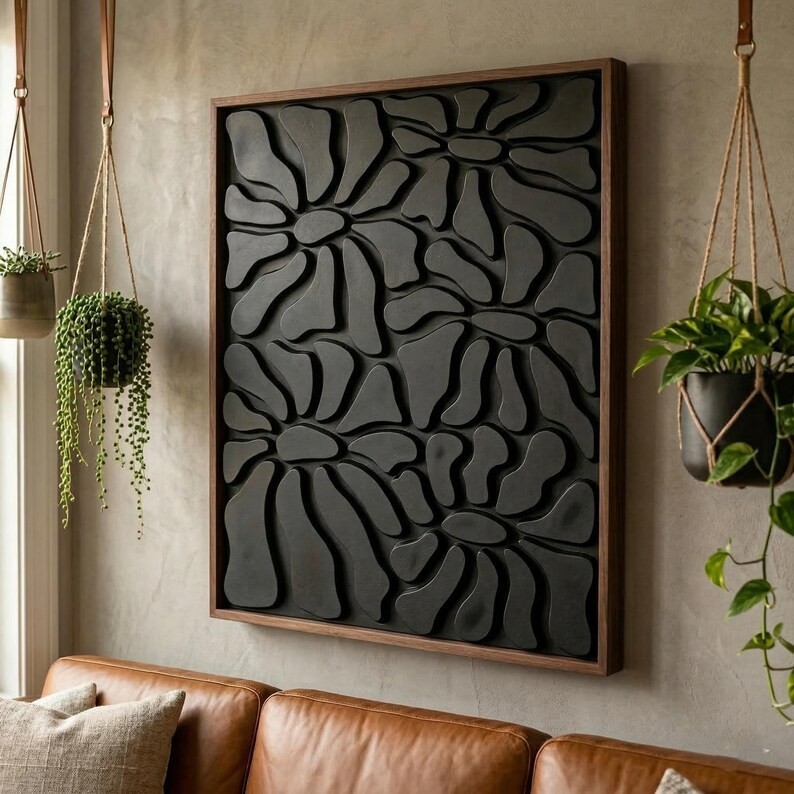 3D Abstract Floral Wood Wall Art | Matte Black Botanical Decor, Dark Walnut Fram