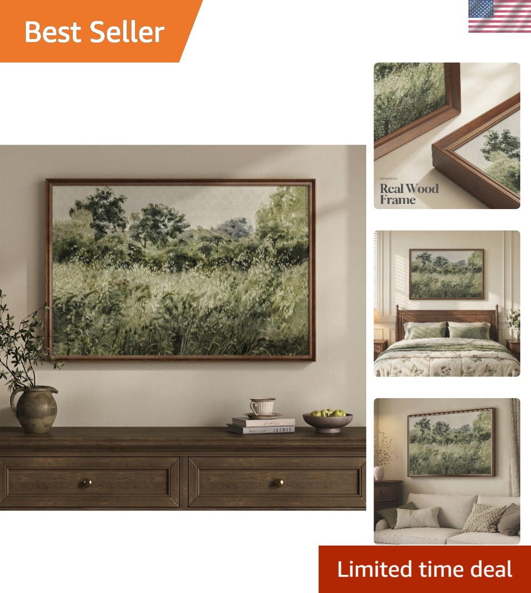 Large Framed Vintage Wall Art, Modern Farmhouse Green Botanical Landscape Can…