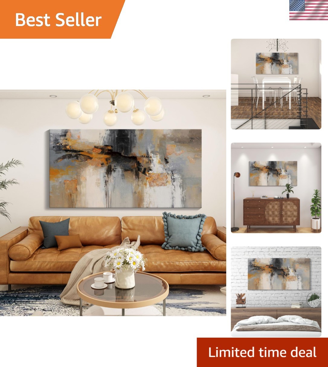 Abstract Canvas Wall Art – Large Framed Gray and Orange Paintings – Modern Wa…