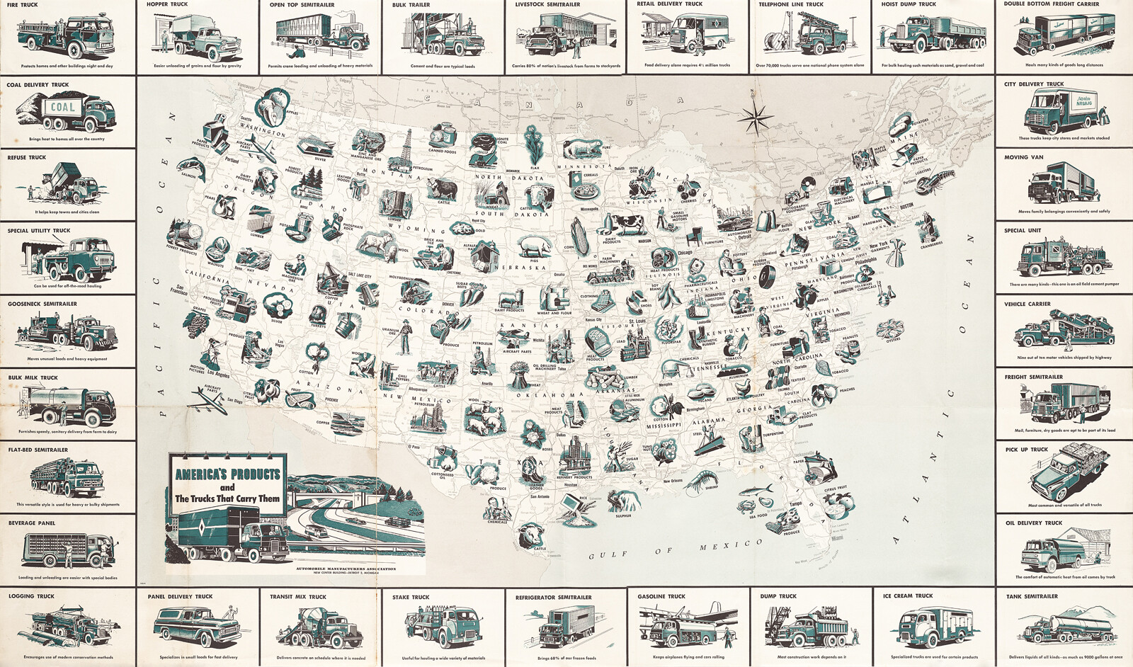Pictorial Map of America’s Products and the Trucks that Carry Them Wall Poster