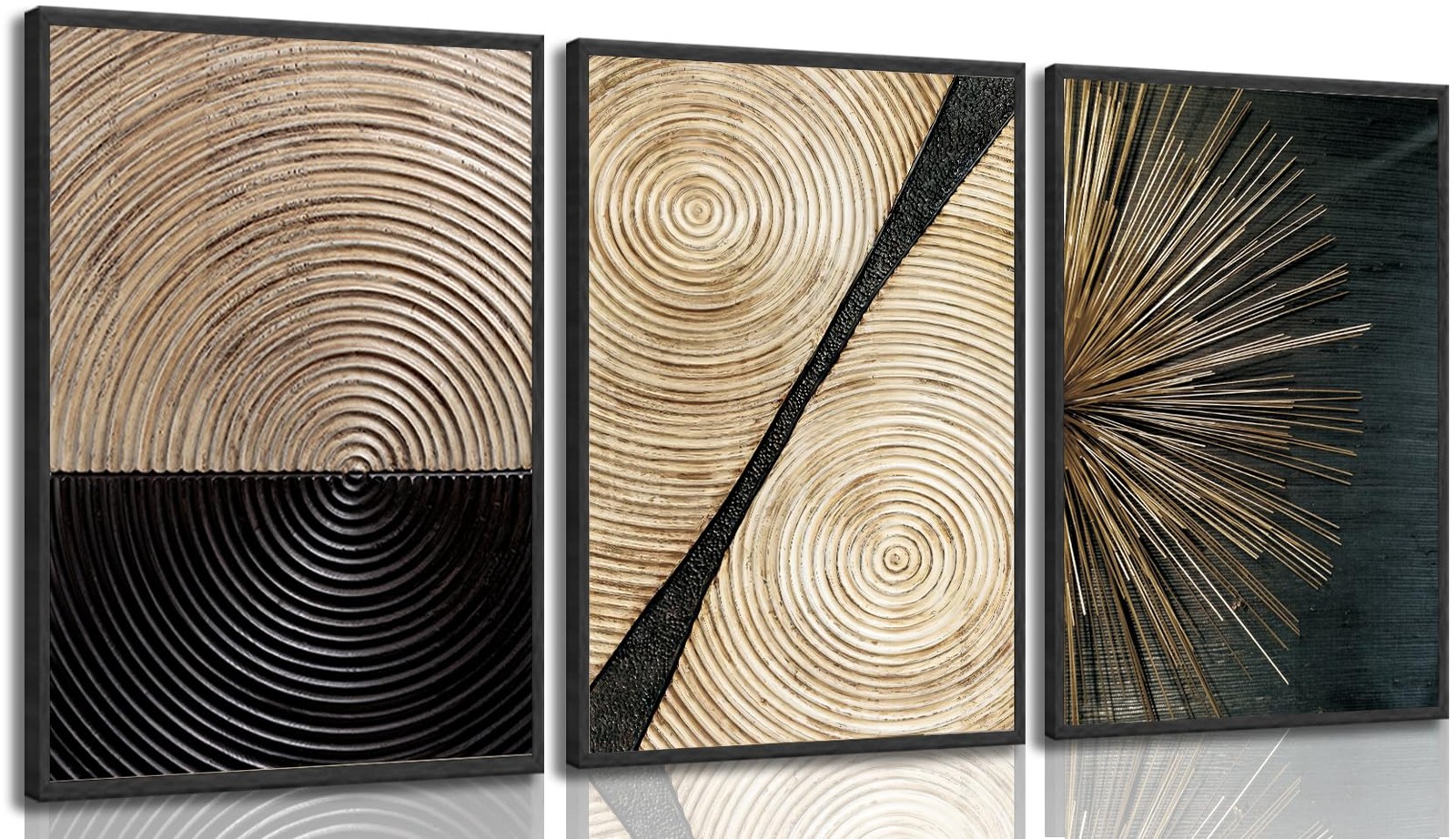 3Pcs Retro Wood Grain Canvas Wall Art Minimalist Black Gold Abstract Line Pai…