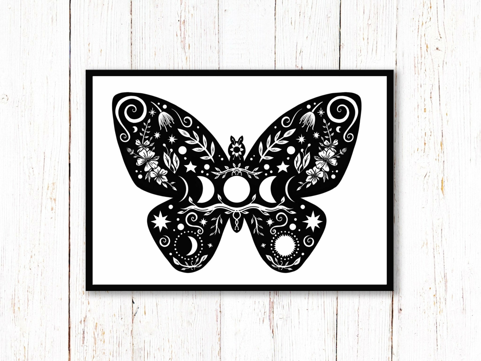 Butterfly Art Print | Stars Sun And Moon Print. Black And White Print. Beautiful