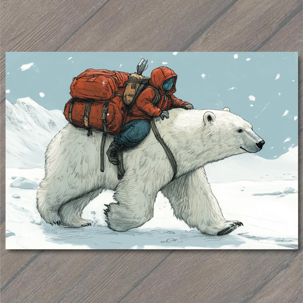 Art Print Polar Bear Carrying Adventurer Rugged Gear Survival Arctic Frozen Wil