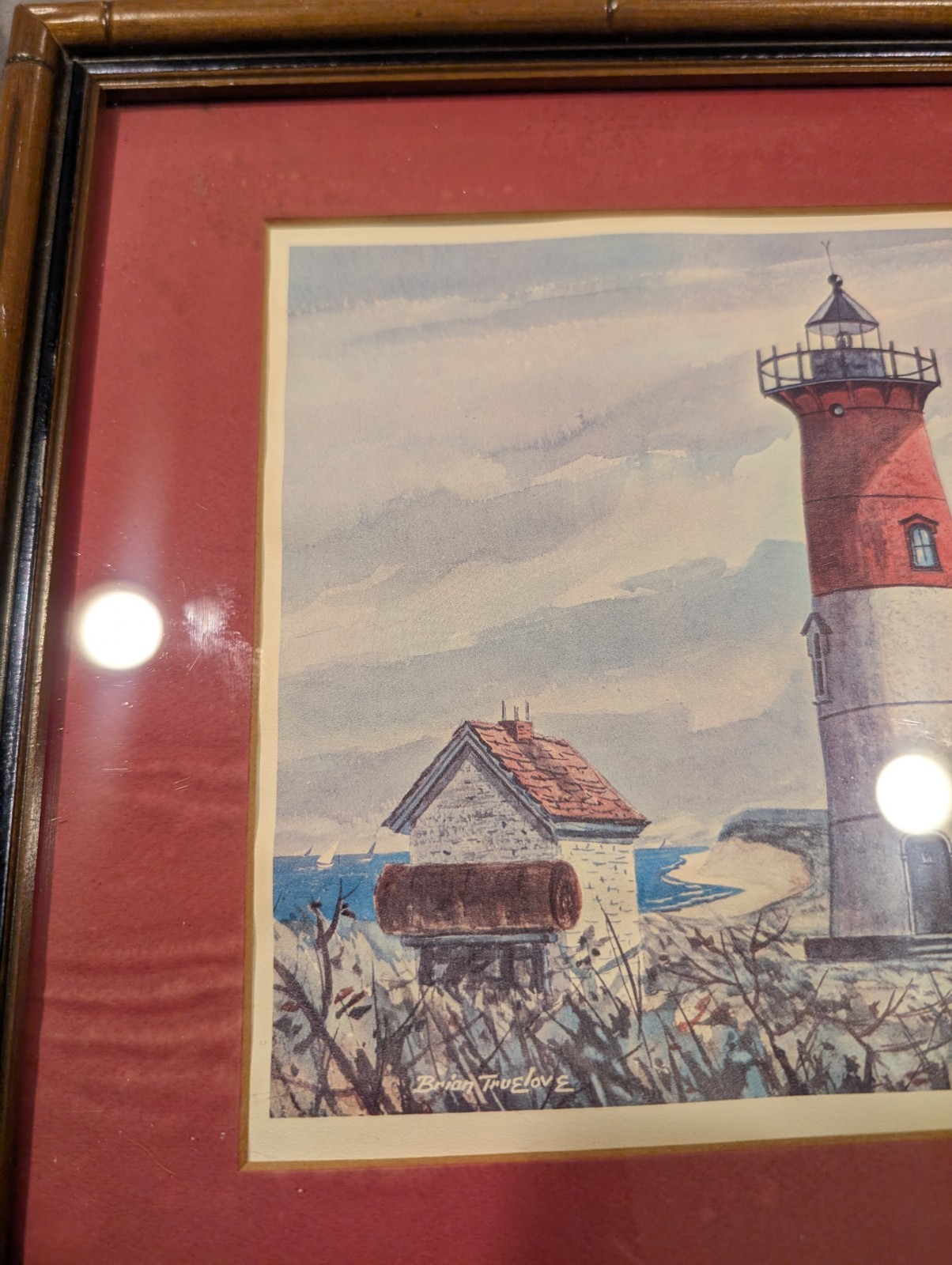 Vtg Nauset Light Cape Cod Brian Truelove Glass Wood Framed Picture 12 1/2 X 11