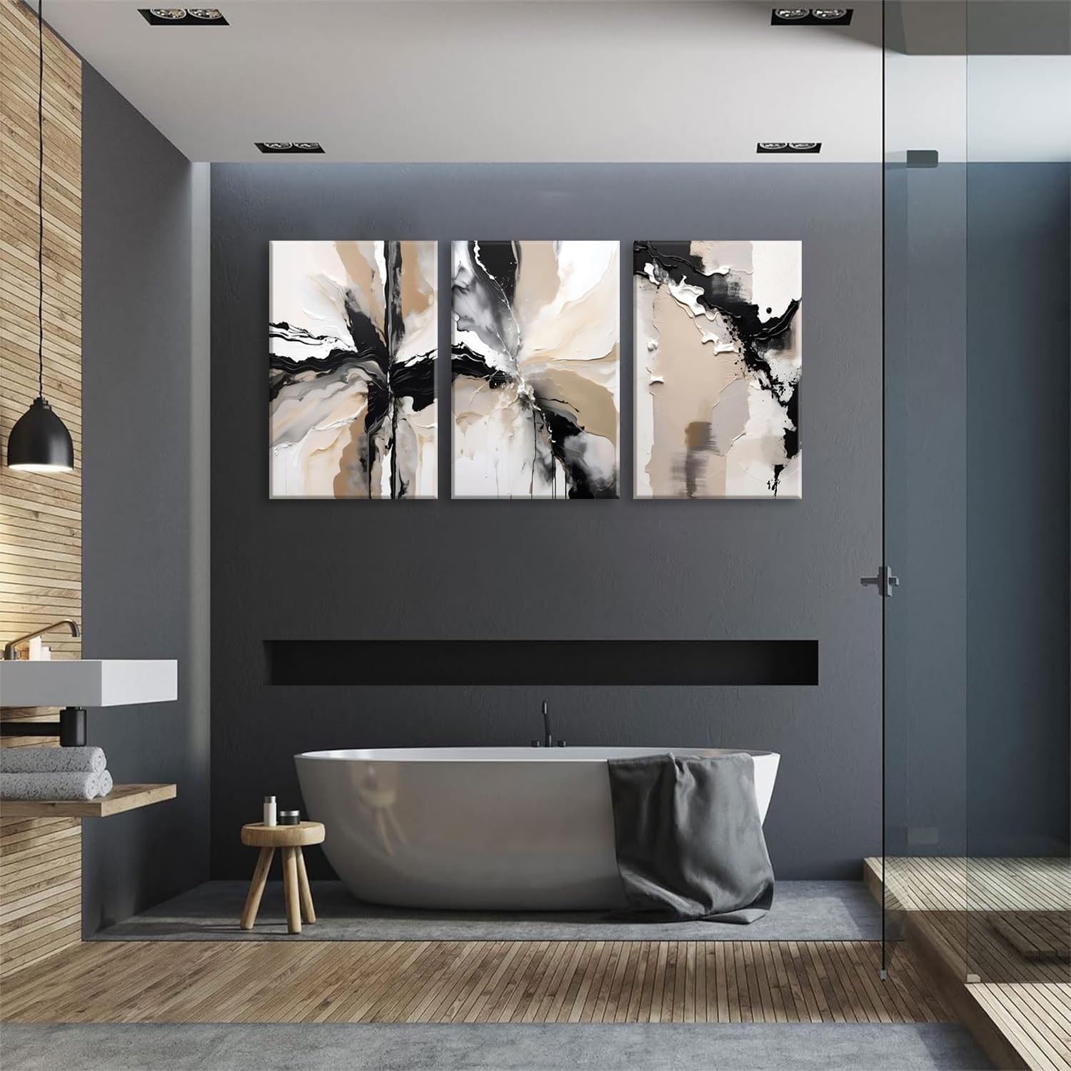 Framed Black and Brown Abstract Geometric Canvas Wall Art Modern Grey White B…