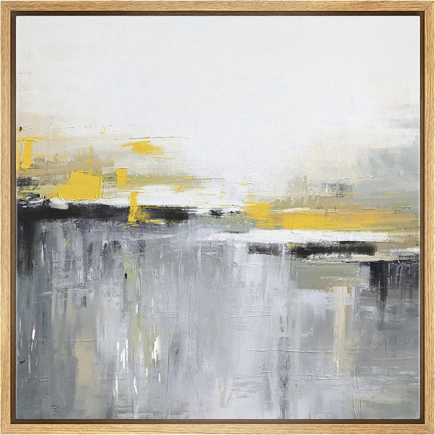 Gray Yellow BLack White Abstract Wall Art Framed Canvas Print