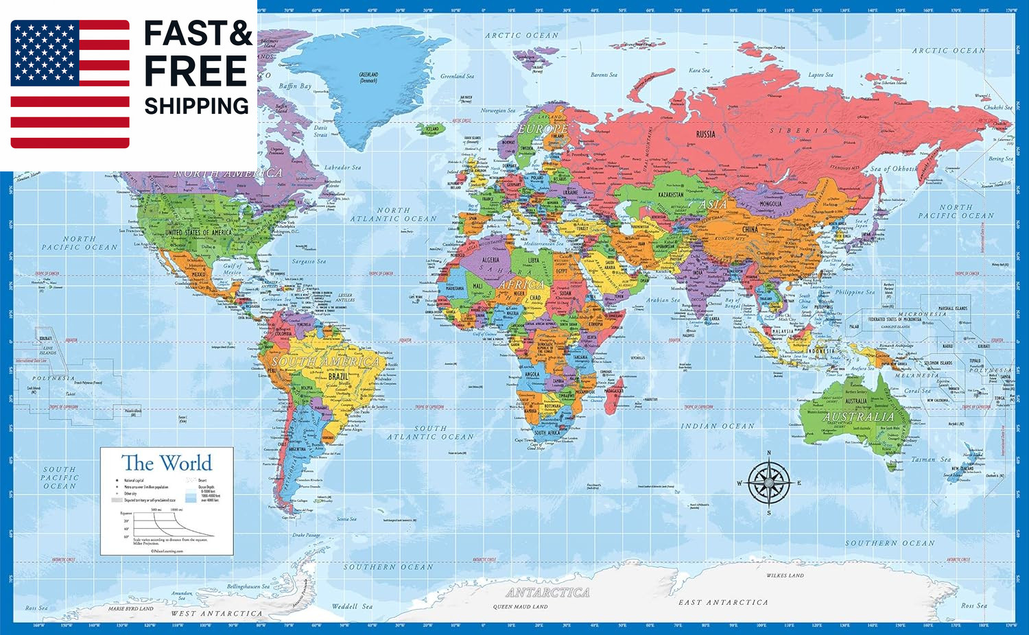 Laminated World Map Poster – Wall Chart Map of Earth – 18″ X 29″ (Blue)